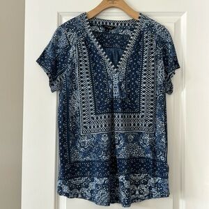 Lucky Brand Boho Mixed Prints Peasant Blouse, Scoop Hem, Indigo Blue, Size 1X